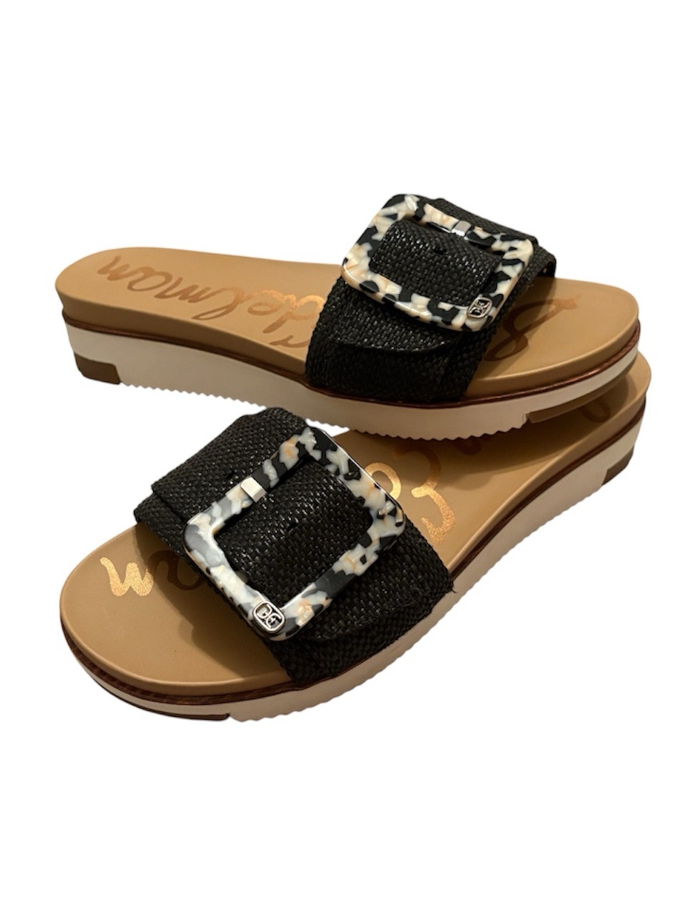 Sam Edelman Ariane Black Basketweave Platform Sandals with Tortoiseshell Buckle